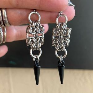 Handmade maille black spikes stainless steel post earrings boho goth punk silver